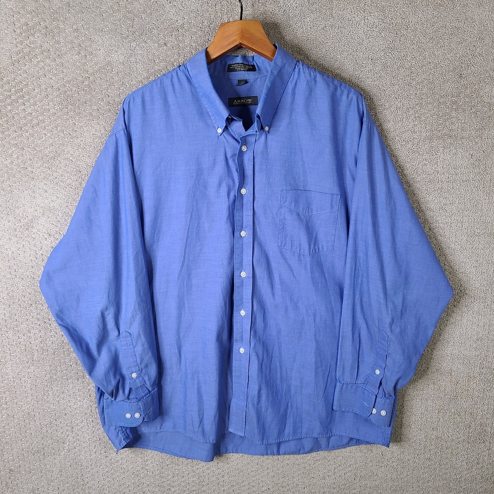 Arrow Shirt Mens 18.5 34/35 Blue Button Down Long Sleeve Wrinkle Free Casual